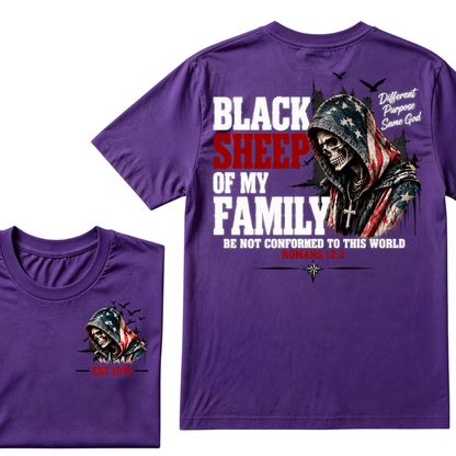 Black Sheep Of My Family Romans 12:2 EST.Year American Flag Skull Print T‑Shirt Christian Faith Vintage Graphic Tee