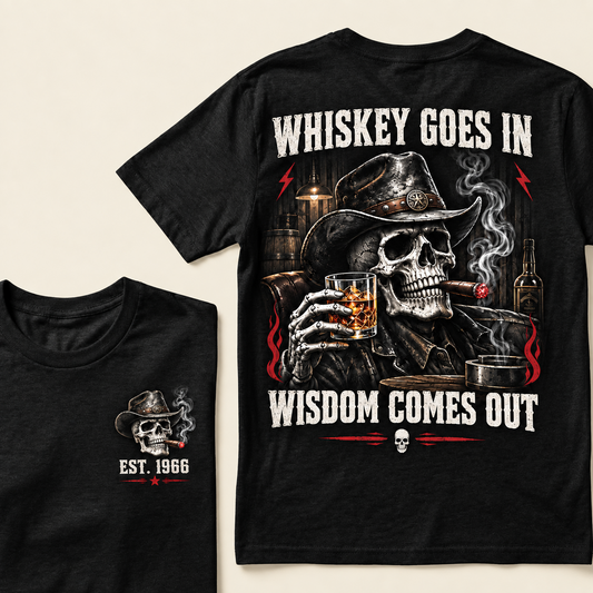 "Whiskey Goes In, Wisdom Comes Out" – EST.1966 Cowboy Skull Graphic Tee, Retro Western Whiskey & Cigar Shirt for Men