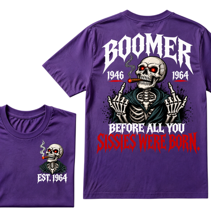 Boomer EAT.Year Before All You Sissies Were Born Skeleton Smoking Cigar Double Sided T-Shirt, Gen Boomer Vintage Skull Tee
