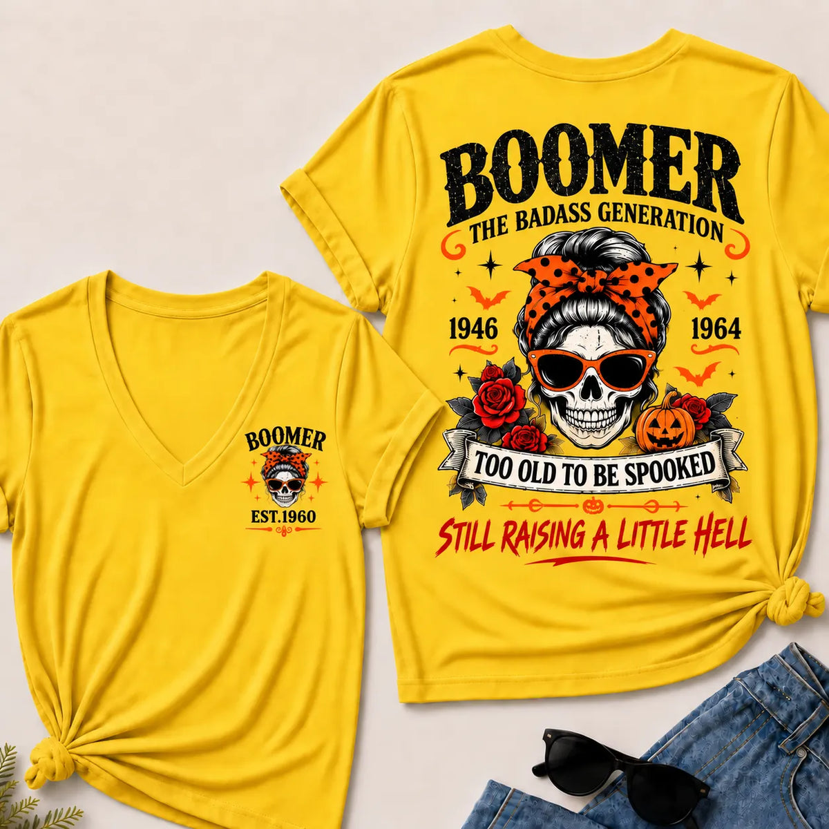 Personalized Boomer Too Old To Be Spooked Halloween V-Neck T-Shirt