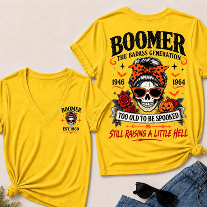 Personalized Boomer Too Old To Be Spooked Halloween V-Neck T-Shirt