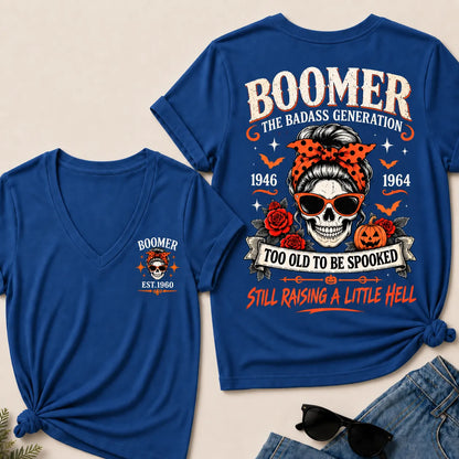 Personalized Boomer Too Old To Be Spooked Halloween V-Neck T-Shirt