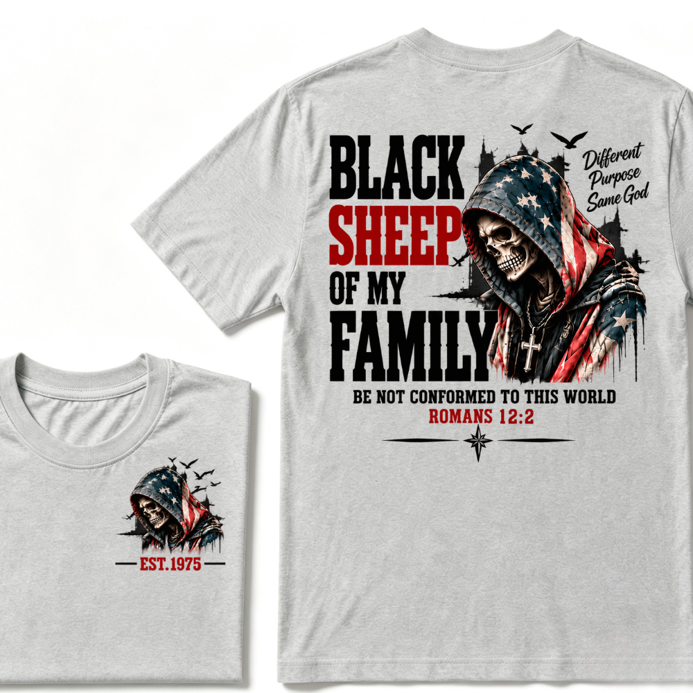 Black Sheep Of My Family Romans 12:2 EST.Year American Flag Skull Print T‑Shirt Christian Faith Vintage Graphic Tee