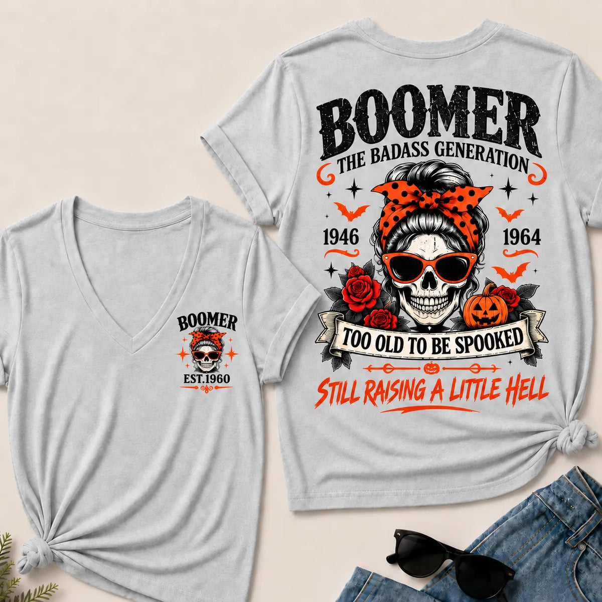 Personalized Boomer Too Old To Be Spooked Halloween V-Neck T-Shirt