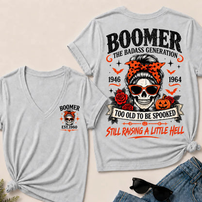 Personalized Boomer Too Old To Be Spooked Halloween V-Neck T-Shirt
