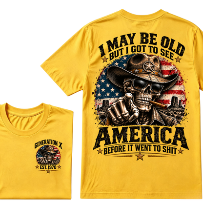 Generation X EST.Year Cowboy Skull American Flag T-Shirt I May Be Old But I Got To See America Vintage Western Patriotic Tee