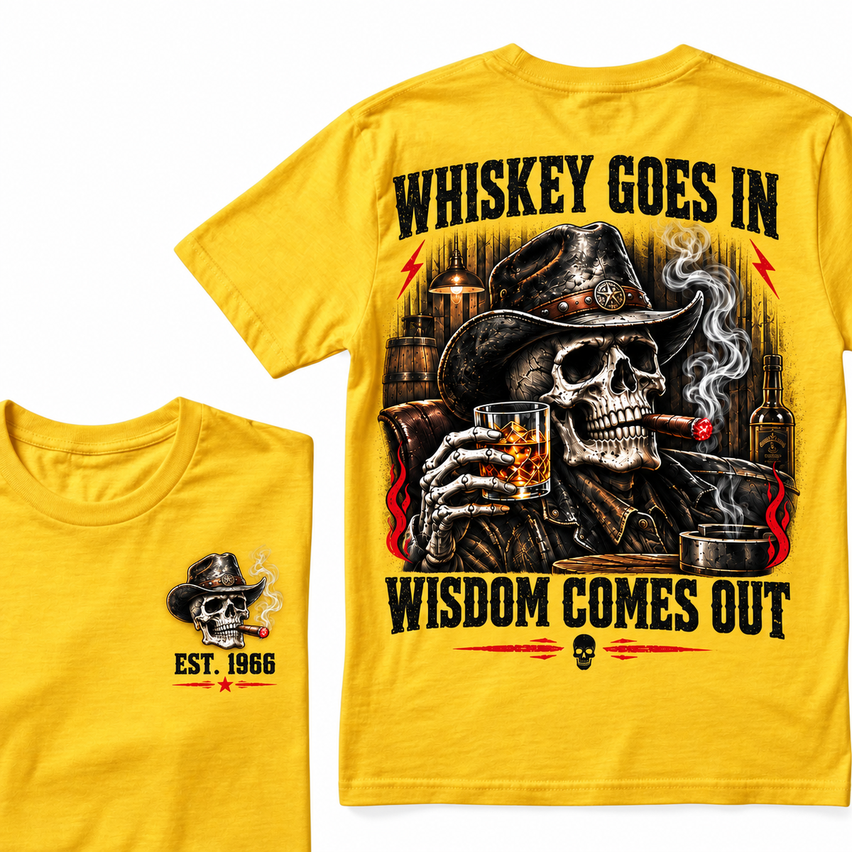 "Whiskey Goes In, Wisdom Comes Out" – EST.1966 Cowboy Skull Graphic Tee, Retro Western Whiskey & Cigar Shirt for Men