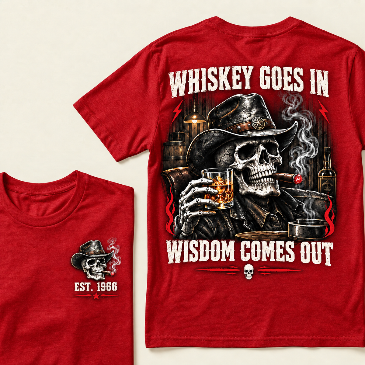 "Whiskey Goes In, Wisdom Comes Out" – EST.1966 Cowboy Skull Graphic Tee, Retro Western Whiskey & Cigar Shirt for Men