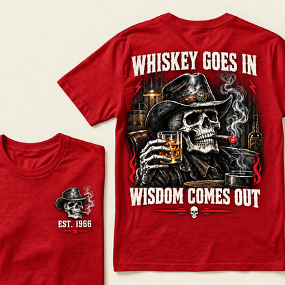 "Whiskey Goes In, Wisdom Comes Out" – EST.1966 Cowboy Skull Graphic Tee, Retro Western Whiskey & Cigar Shirt for Men