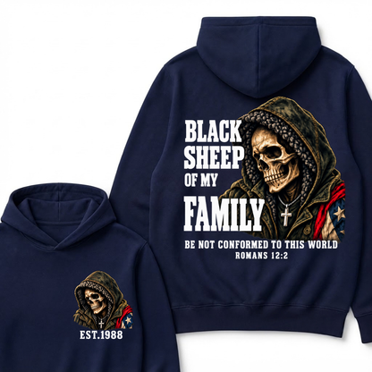 Black Sheep Of My Family Romans 12:2 Bible Verse Skull Hooded EAT.Year Hoodie, Christian Patriotic Hoodie