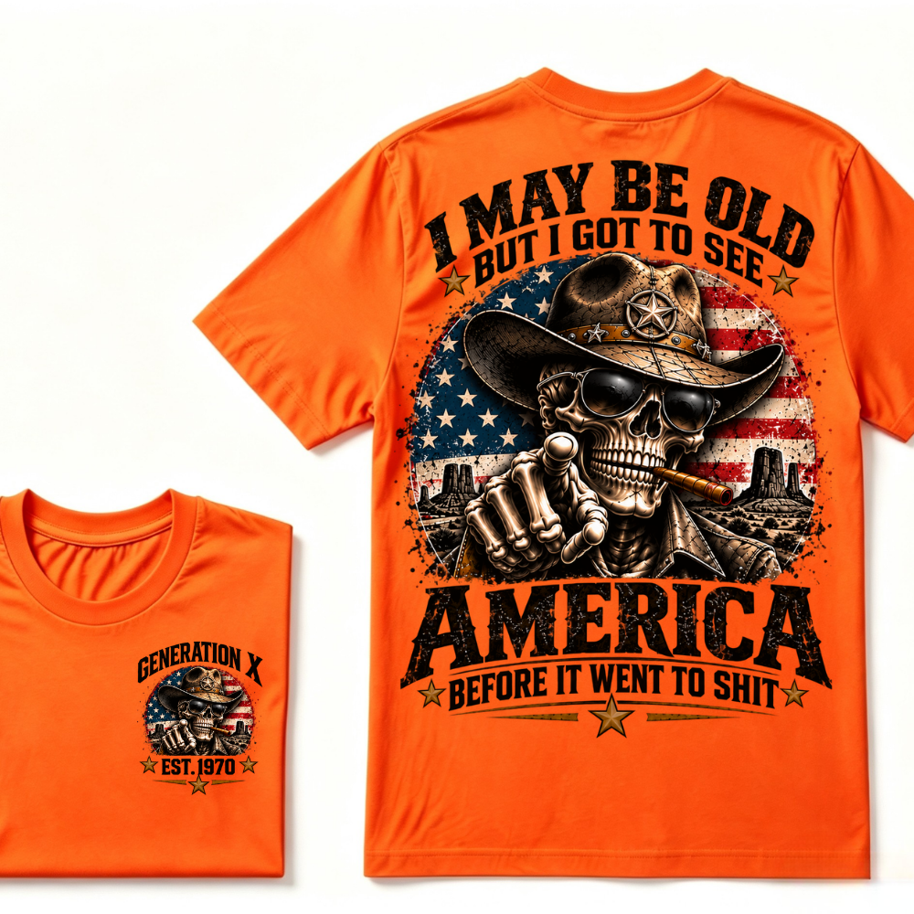 Generation X EST.Year Cowboy Skull American Flag T-Shirt I May Be Old But I Got To See America Vintage Western Patriotic Tee