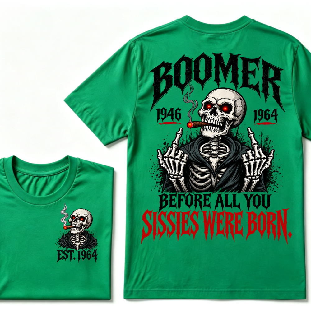Boomer EAT.Year Before All You Sissies Were Born Skeleton Smoking Cigar Double Sided T-Shirt, Gen Boomer Vintage Skull Tee