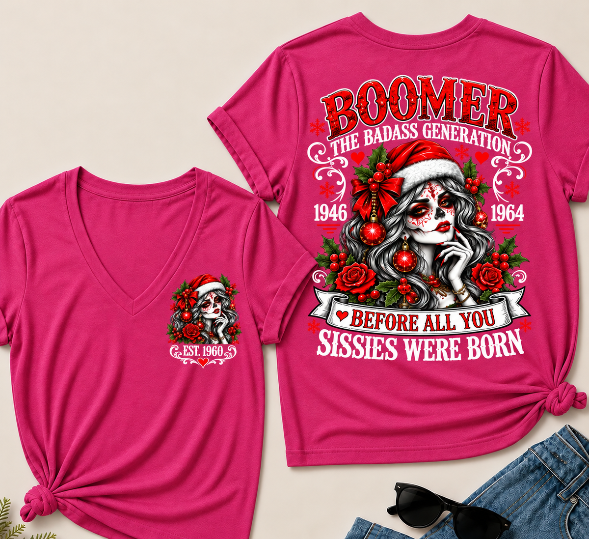 Boomer The Badass Generation – Christmas Sugar Skull Women's V-Neck T-Shirt