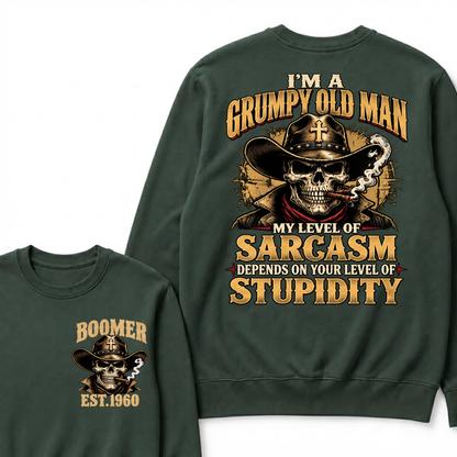 Custom EST.Year I'm A Grumpy Old Man My Level Of Sarcasm Depends On Your Level Of Stupidity Vintage Graphic Sweatshirt