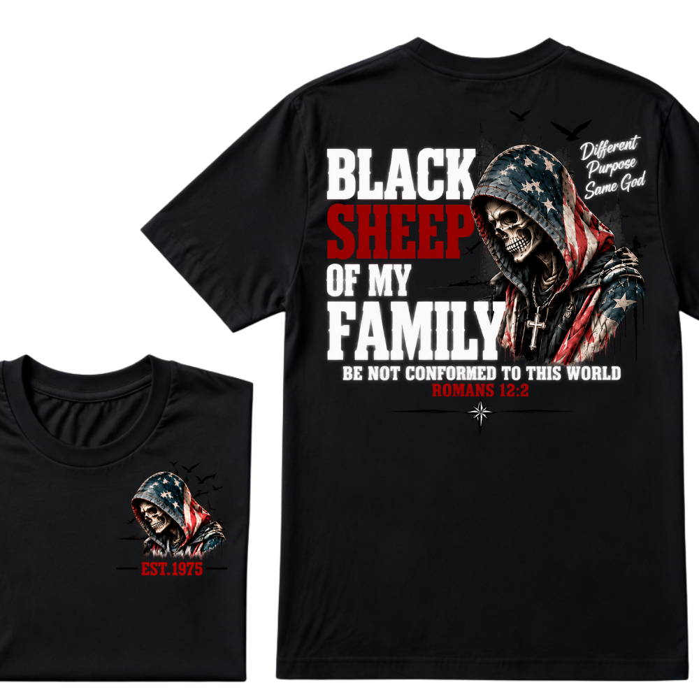 Black Sheep Of My Family Romans 12:2 EST.Year American Flag Skull Print T‑Shirt Christian Faith Vintage Graphic Tee