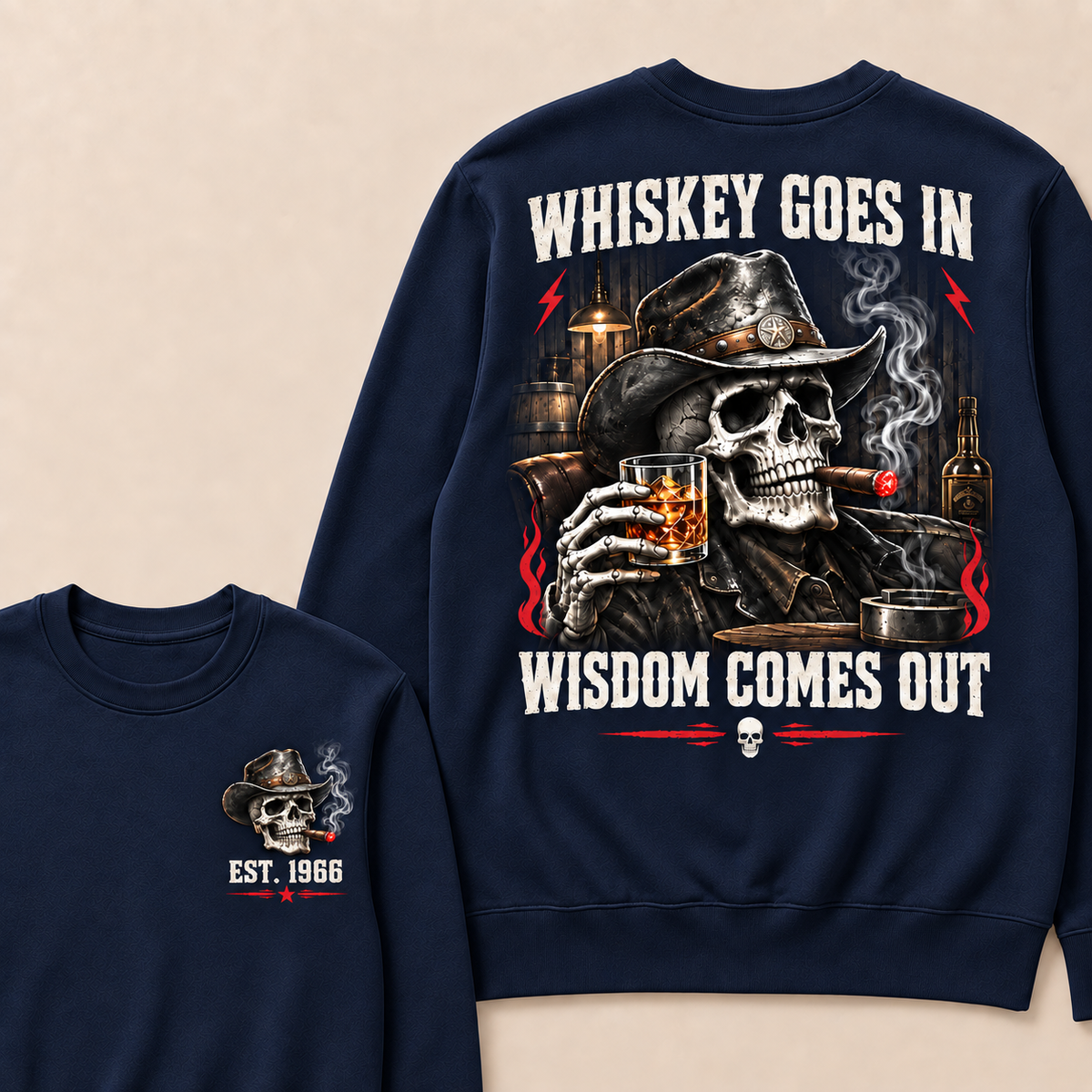"Whiskey Goes In, Wisdom Comes Out" – Cowboy Skull Graphic Sweatshirt