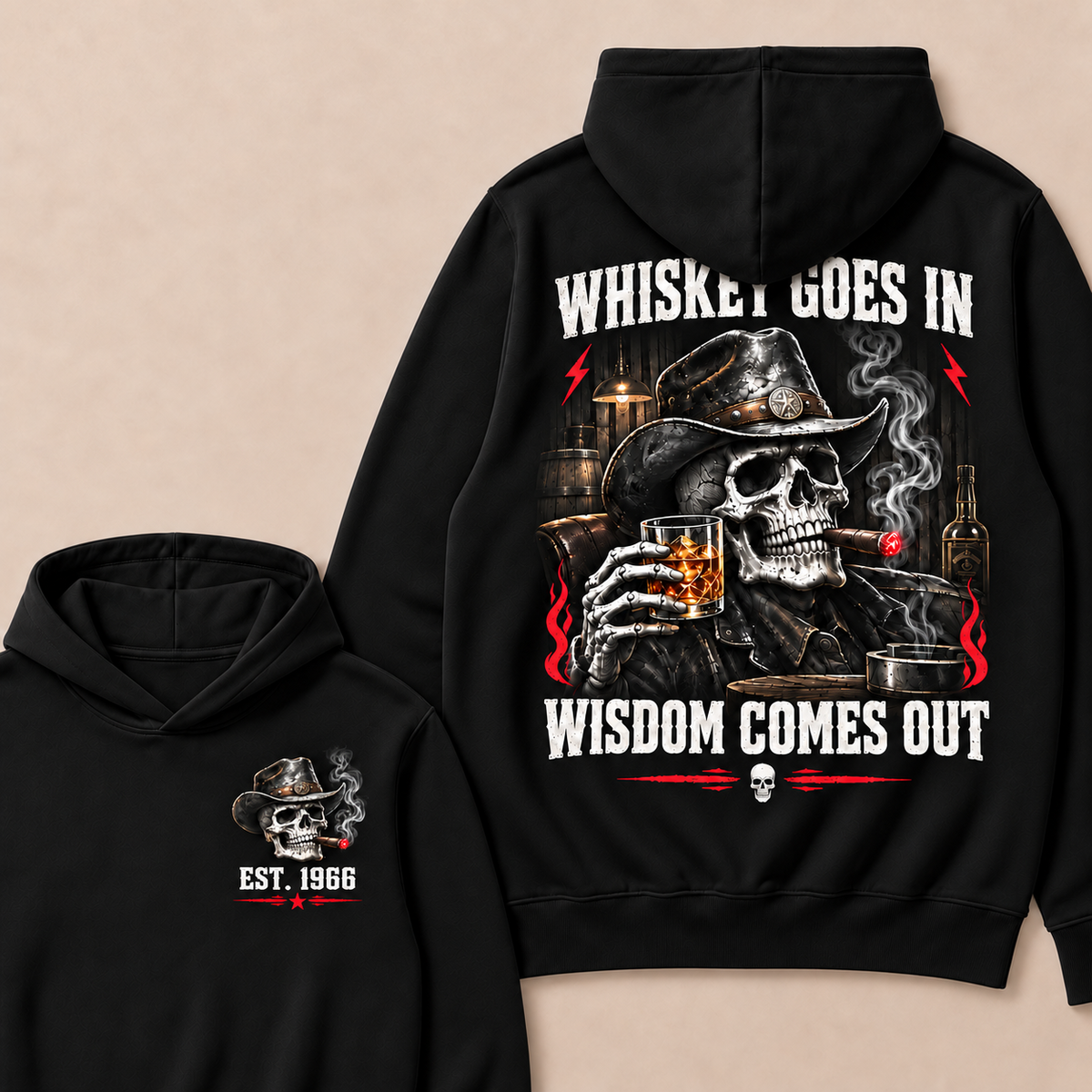 "Whiskey Goes In, Wisdom Comes Out"–Custom EST.Year Cowboy Skull & Cigar Hoodie