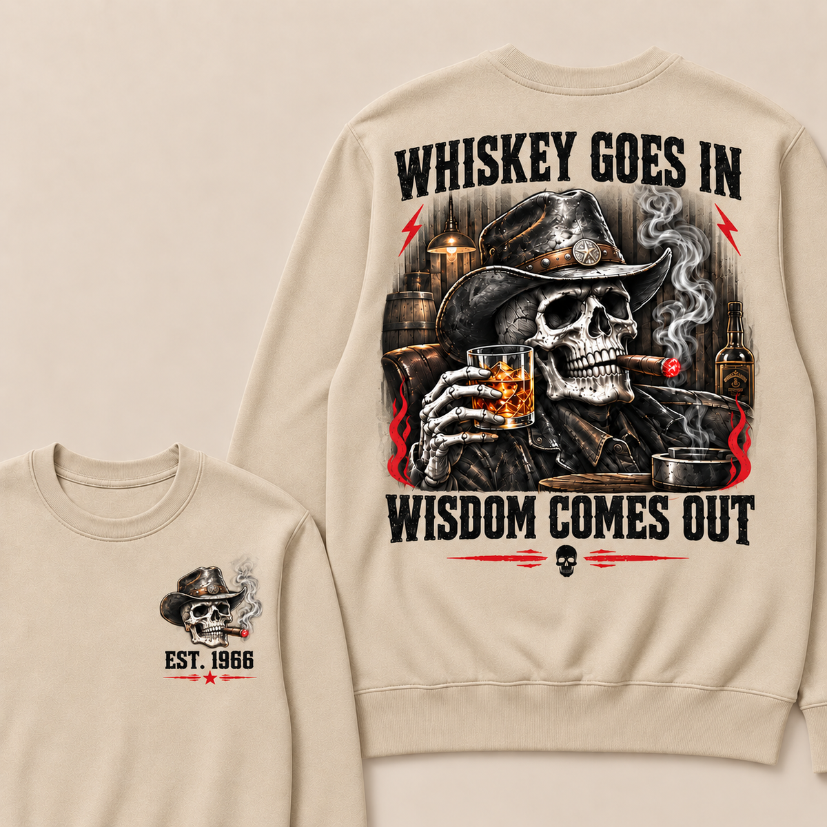 "Whiskey Goes In, Wisdom Comes Out" – Cowboy Skull Graphic Sweatshirt