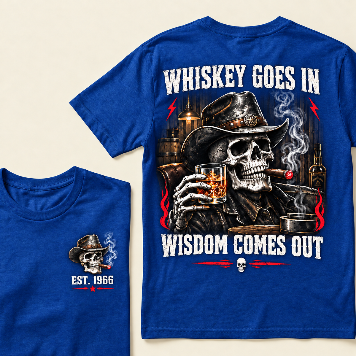 "Whiskey Goes In, Wisdom Comes Out" – EST.1966 Cowboy Skull Graphic Tee, Retro Western Whiskey & Cigar Shirt for Men