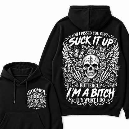 Custom Year Boomer Suck It Up Buttercup Skull Graphic Hoodie