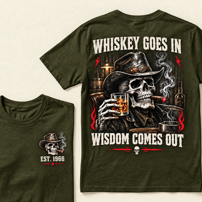"Whiskey Goes In, Wisdom Comes Out" – EST.1966 Cowboy Skull Graphic Tee, Retro Western Whiskey & Cigar Shirt for Men
