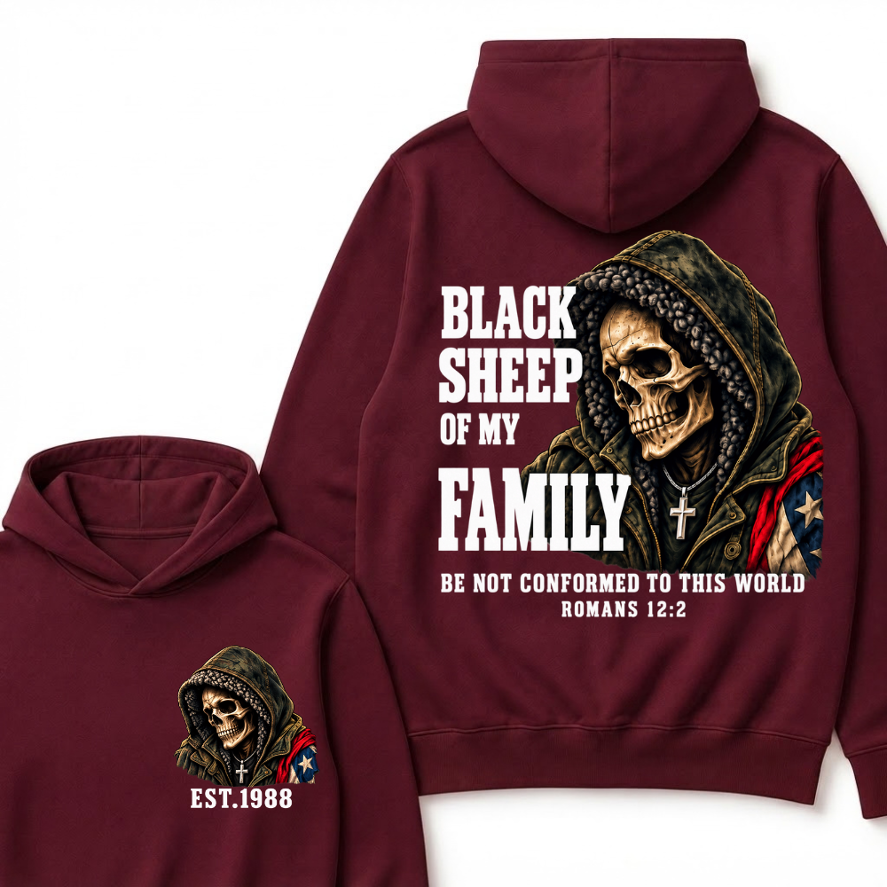 Black Sheep Of My Family Romans 12:2 Bible Verse Skull Hooded EAT.Year Hoodie, Christian Patriotic Hoodie
