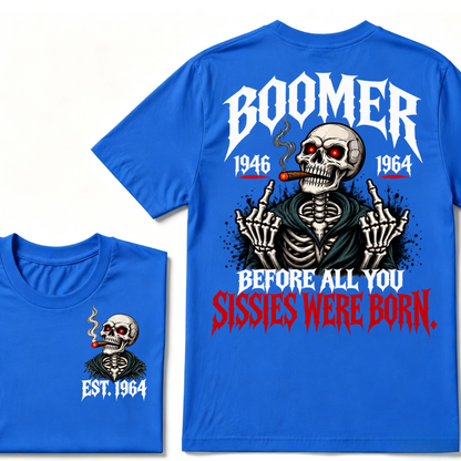 Boomer EAT.Year Before All You Sissies Were Born Skeleton Smoking Cigar Double Sided T-Shirt, Gen Boomer Vintage Skull Tee