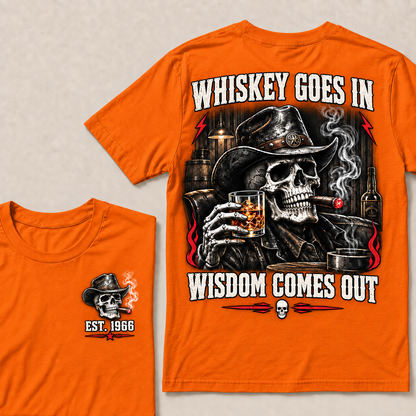 "Whiskey Goes In, Wisdom Comes Out" – EST.1966 Cowboy Skull Graphic Tee, Retro Western Whiskey & Cigar Shirt for Men