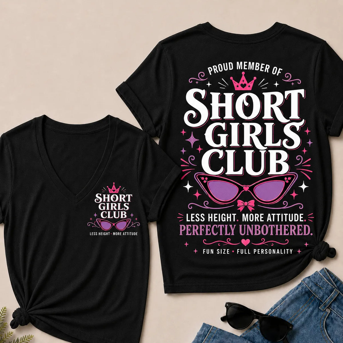 "Short Girls Club – Less Height, More Attitude" V-Neck Tee | Fun Size, Full Personality