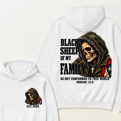 Black Sheep Of My Family Romans 12:2 Bible Verse Skull Hooded EAT.Year Hoodie, Christian Patriotic Hoodie