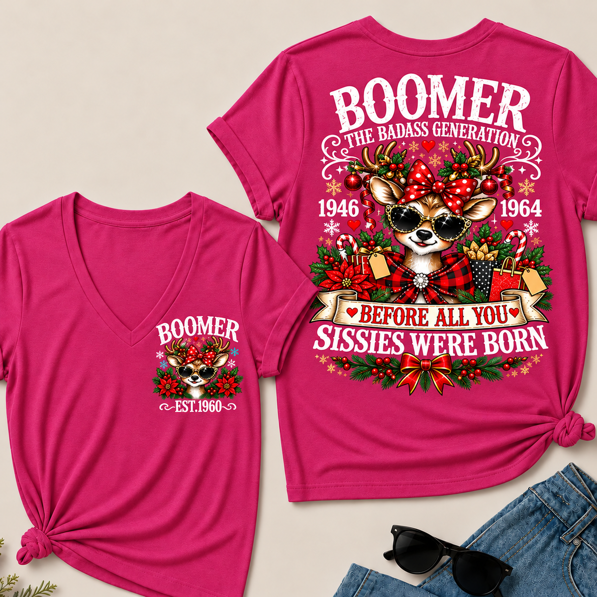 Boomer The Badass Generation – Christmas Reindeer Women's V-Neck T-Shirt