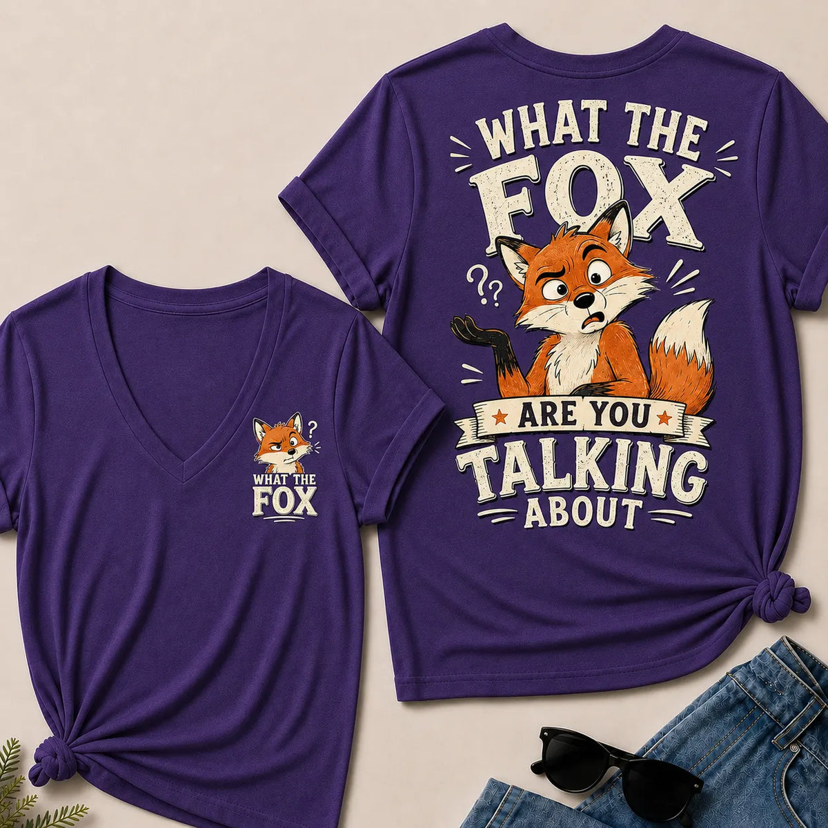 "What The Fox" Confused Shrug V-Neck Tee