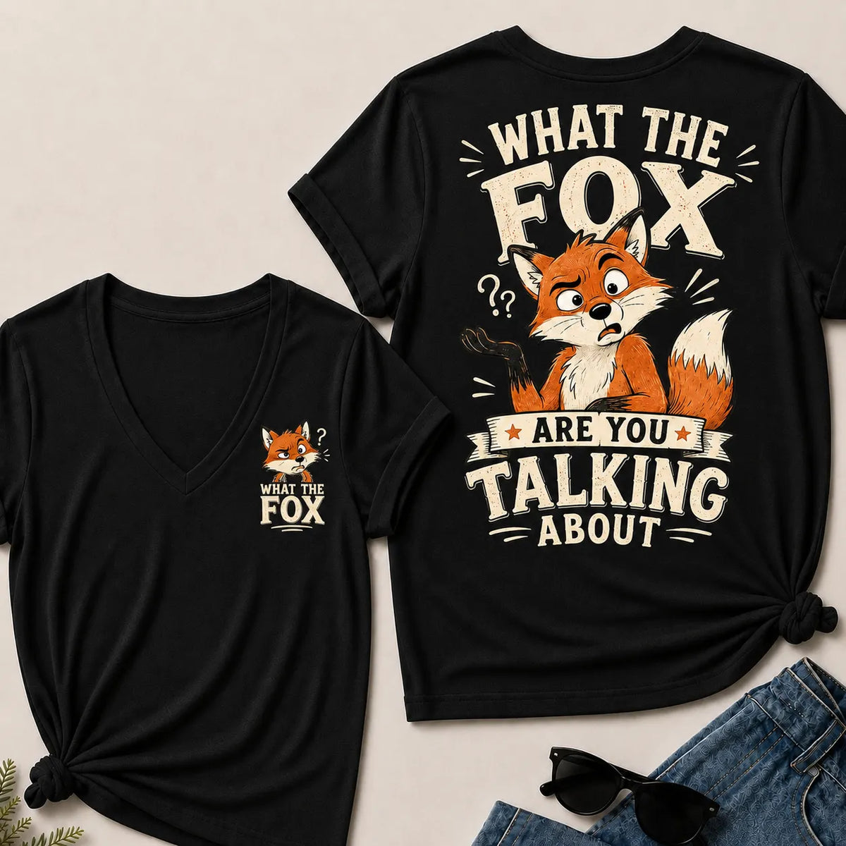 "What The Fox" Confused Shrug V-Neck Tee