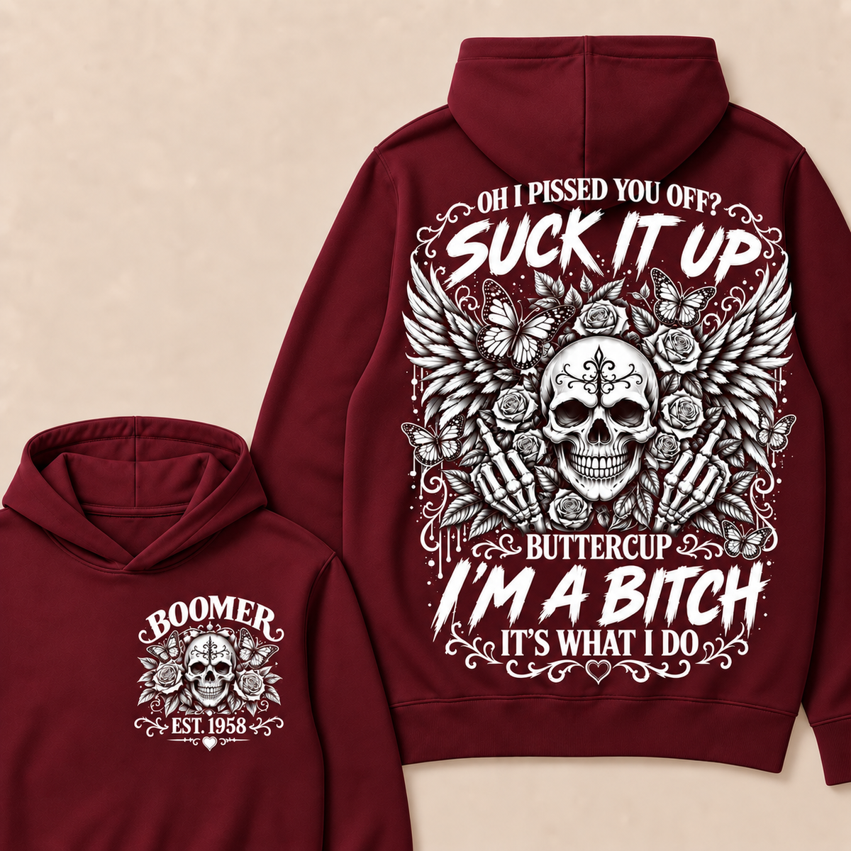 Custom Year Boomer Suck It Up Buttercup Skull Graphic Hoodie