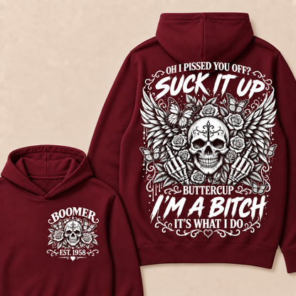 Custom Year Boomer Suck It Up Buttercup Skull Graphic Hoodie