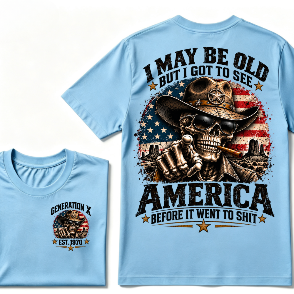 Generation X EST.Year Cowboy Skull American Flag T-Shirt I May Be Old But I Got To See America Vintage Western Patriotic Tee