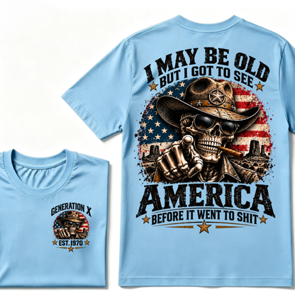 Generation X EST.Year Cowboy Skull American Flag T-Shirt I May Be Old But I Got To See America Vintage Western Patriotic Tee