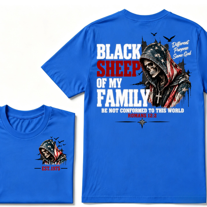 Black Sheep Of My Family Romans 12:2 EST.Year American Flag Skull Print T‑Shirt Christian Faith Vintage Graphic Tee