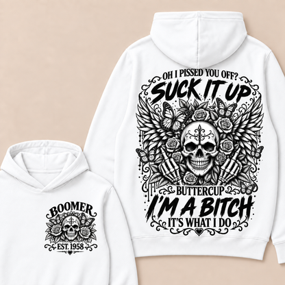 Custom Year Boomer Suck It Up Buttercup Skull Graphic Hoodie